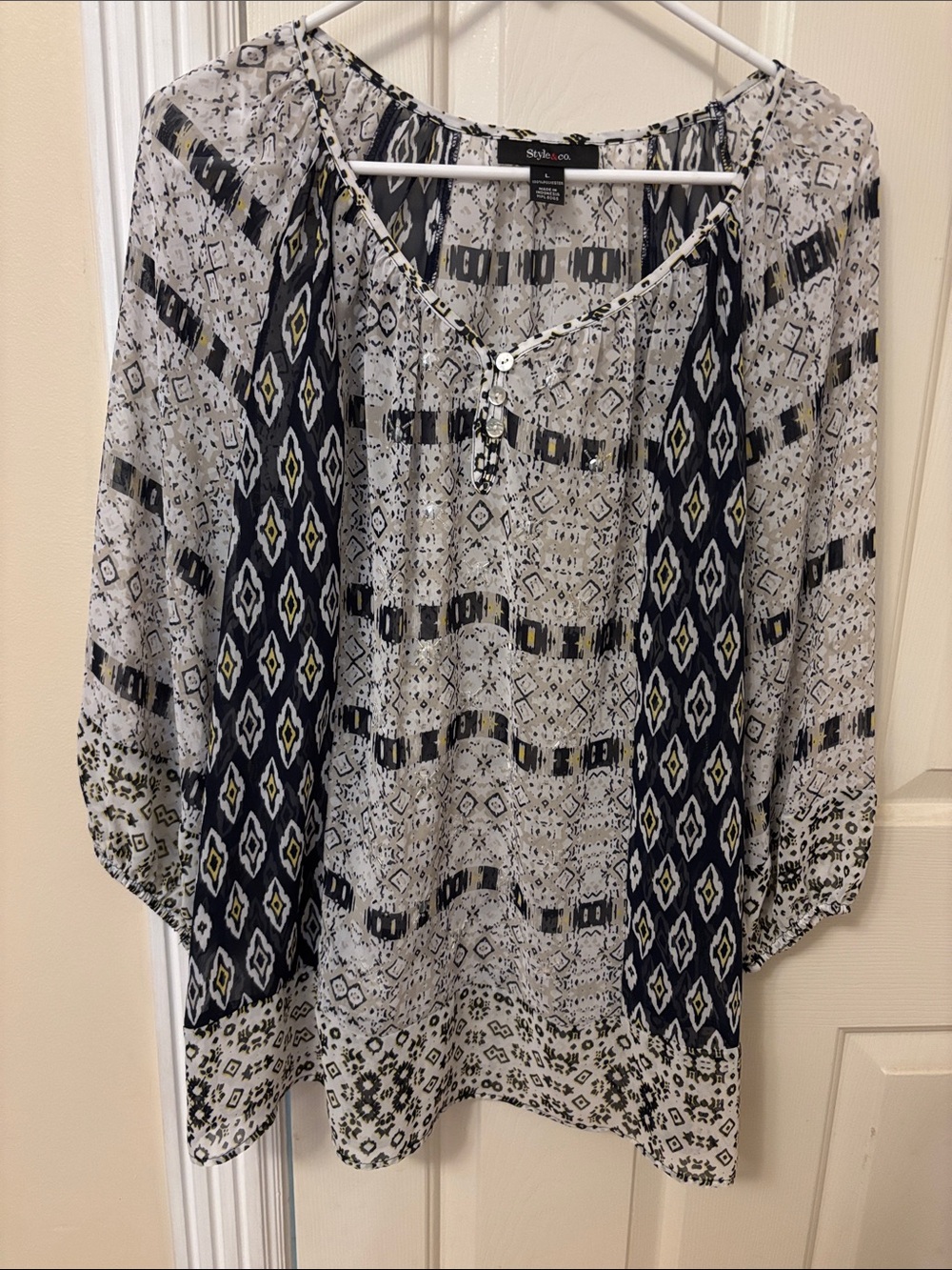 Boho Printed Peasant Blouse - White & Navy